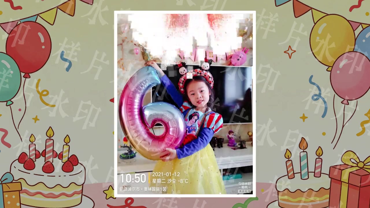 小女孩手持数字气球站在生日背景前